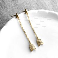 14K Gold 0.07 Ct. Diamond 1.50 inch Arrow Chain Earrings Fine Jewelry