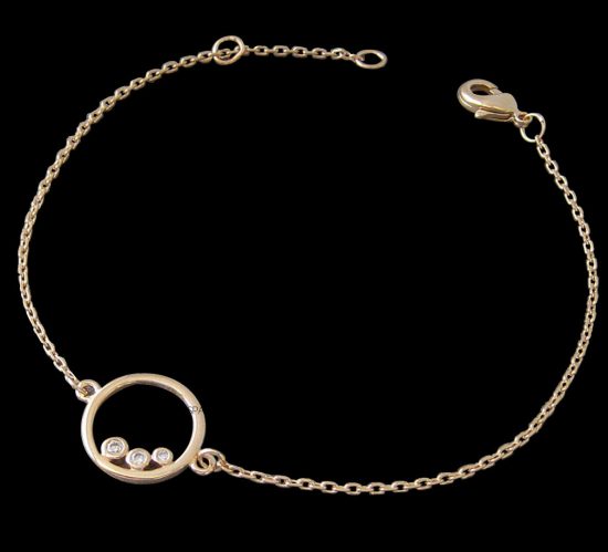 14K Gold 0.07 Ct. Three Diamond Circle Charm Bracelet Fine Jewelry