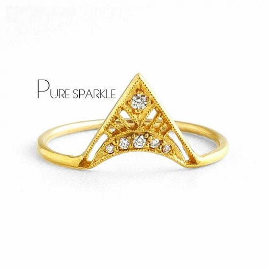 14K Gold 0.08 Ct. Diamond Antique Crown Design Vintage Ring Fine Jewelry