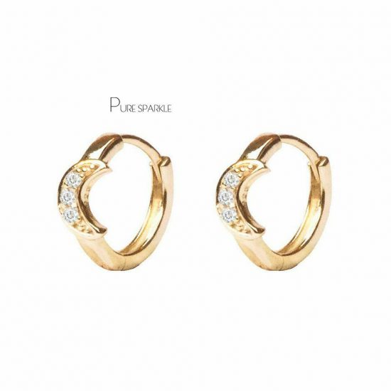 14K Gold 0.09 Ct. Diamond Crescent Moon Hoop Earrings Fine Jewelry