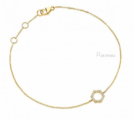 14K Gold 0.09 Ct. Diamond Honeycomb Charm Chain Bracelet Fine Jewelry