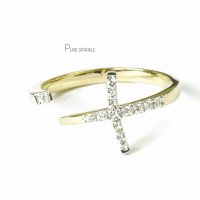 14K Gold 0.09 Ct. Diamond Jesus Cross Design Open Cuff Ring Fine Jewelry