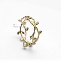14K Gold 0.09 Ct. Diamond Leaf Design Unique Handmade Ring Fine Jewelry