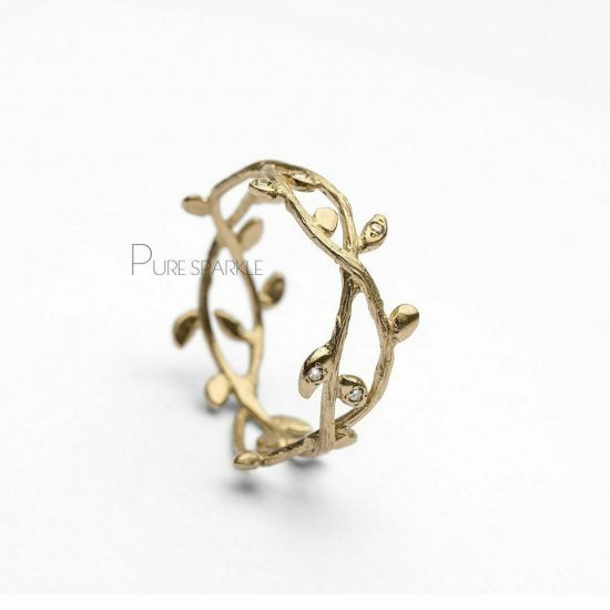 14K Gold 0.09 Ct. Diamond Leaf Design Unique Handmade Ring Fine Jewelry