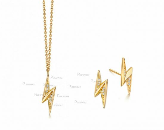 14K Gold 0.09 Ct. Diamond Lightning Bolt Earring Necklace Jewelry Set