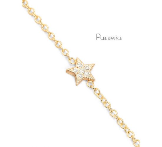 14K Gold 0.09 Ct. Diamond Star Charm Celestial Bracelet Fine Jewelry