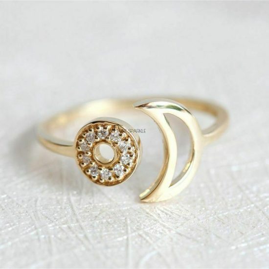 14K Gold 0.10 Ct. Diamobnd Crescent Moon Open Cuff Ring Size-3 to 8 US