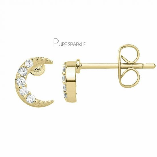 14K Gold 0.10 Ct. Diamond Crescent Moon Studs Earrings Celestial Jewelry