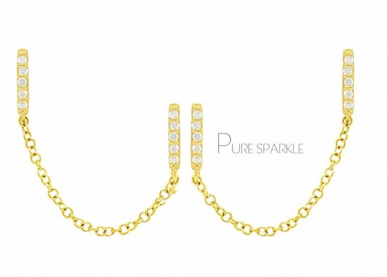 14K Gold 0.10 Ct. Diamond Double Bar Chain Earrings Fine Jewelry