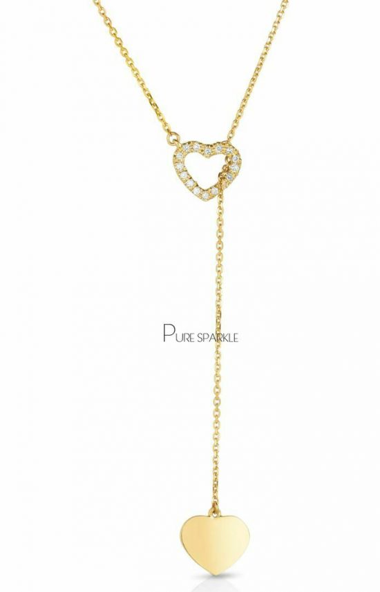 14K Gold 0.10 Ct. Diamond Double Heart Drop Lariat Necklace Fine Jewelry