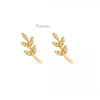 14K Gold 0.10 Ct. Diamond Leaf Earrings Handmade Fine Jewelry