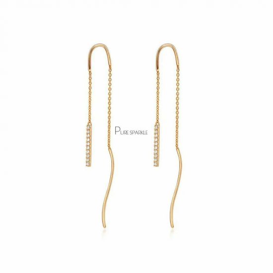 14K Gold 0.10 Ct. Diamond Long Bar Chain Threader Earrings Fine Jewelry