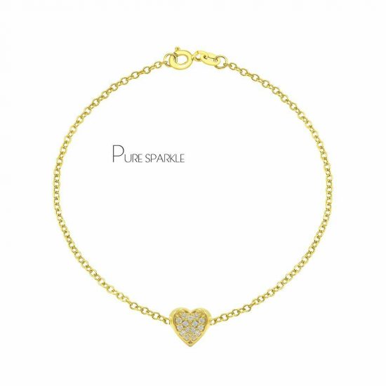 14K Gold 0.10 Ct. Diamond Love Heart Friendship Bracelet Fine Jewelry