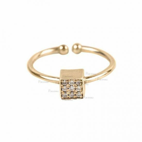 14K Gold 0.10 Ct. Diamond Open Cuff Cube Design Ring Fine Jewelry