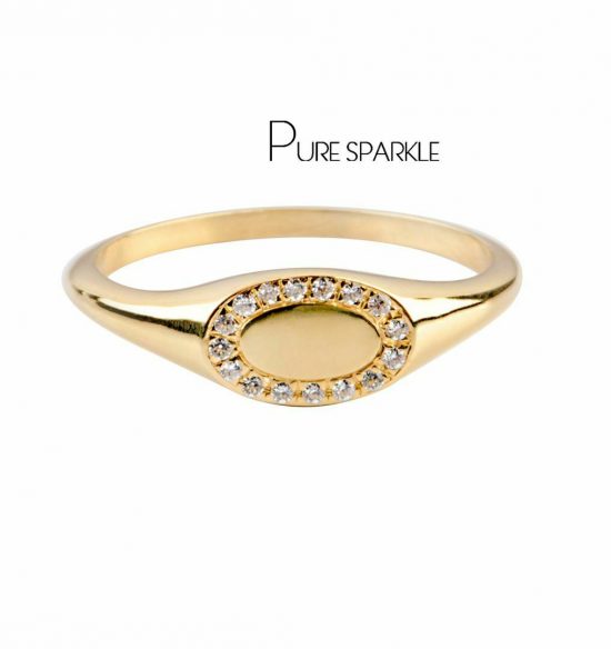 14K Gold 0.10 Ct. Diamond Oval Signet Anniversary Ring Fine Jewelry