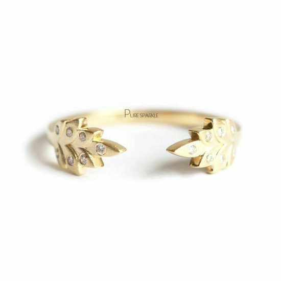 14K Gold 0.10 Ct. Diamond Vine Leaf Open Ring Handmade Fine Jewelry