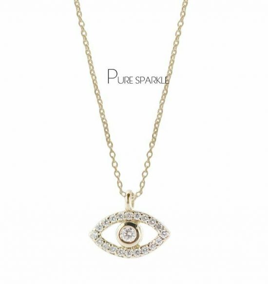 14K Gold 0.11 Ct. Diamond Evil Eye Charm Pendant Necklace Fine Jewelry