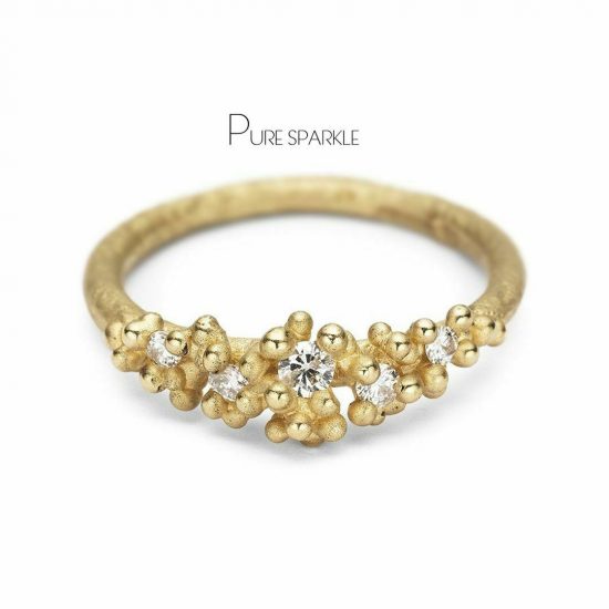 14K Gold 0.11 Ct. Diamond Golden Granules Ring Handmade Fine Jewelry