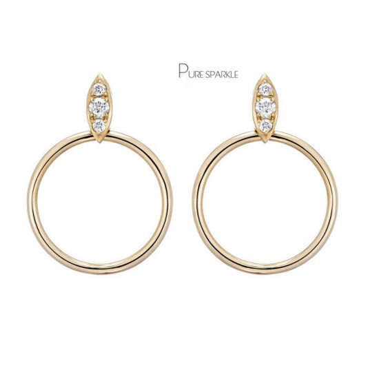 14K Gold 0.12 Ct. Diamond 20 mm Hoop Geometrical Earrings Fine Jewelry