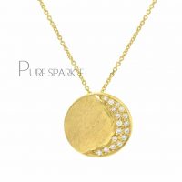 14K Gold 0.12 Ct. Diamond Crescent Moon Disc Pendant Necklace Jewelry