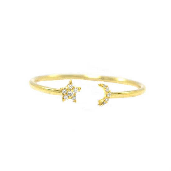 14K Gold 0.12 Ct. Diamond Crescent Moon Star Ring Christmas Fine Jewelry