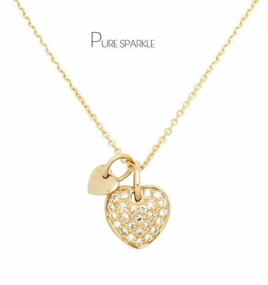 14K Gold 0.12 Ct. Diamond Double Heart Pendant Necklace Fine Jewelry