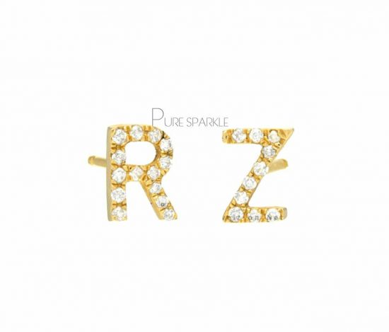 14K Gold 0.12 Ct. Diamond Initial Z-R Alphabet Stud Earring Fine Jewelry