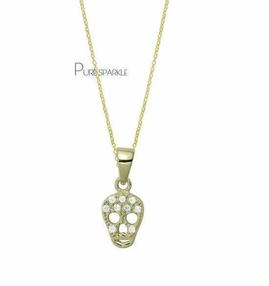 14K Gold 0.12 Ct. Diamond Skull Charm Necklace Halloween Gift Jewelry