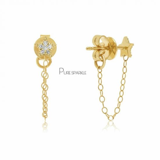 14K Gold 0.12 Ct. Diamond Star Chain Earrings Fine Jewelry