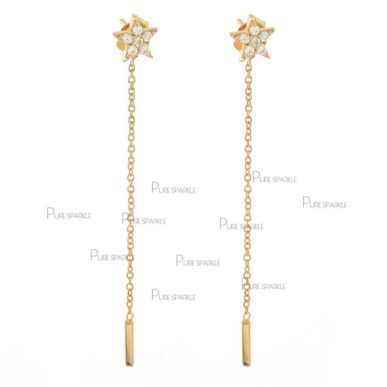 14K Gold 0.12 Ct. Diamond Star Long Chain Earrings Fine Jewelry