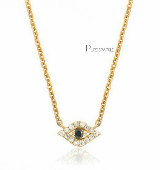 14K Gold 0.12 Ct. White- Black Diamond Evil Eye Charm Pendant Necklace