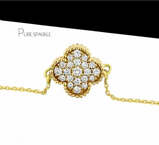14K Gold 0.13 Ct. Diamond Floral Charm Chain Bracelet Fine Jewelry