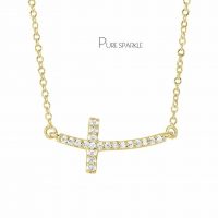 14K Gold 0.13 Ct. Diamond Short Curved Side Way Cross Pendant Necklace