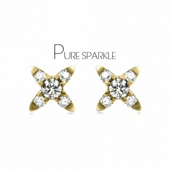 14K Gold 0.13 Ct. Diamond Tiny Four Point Star Stud Earring Fine Jewelry