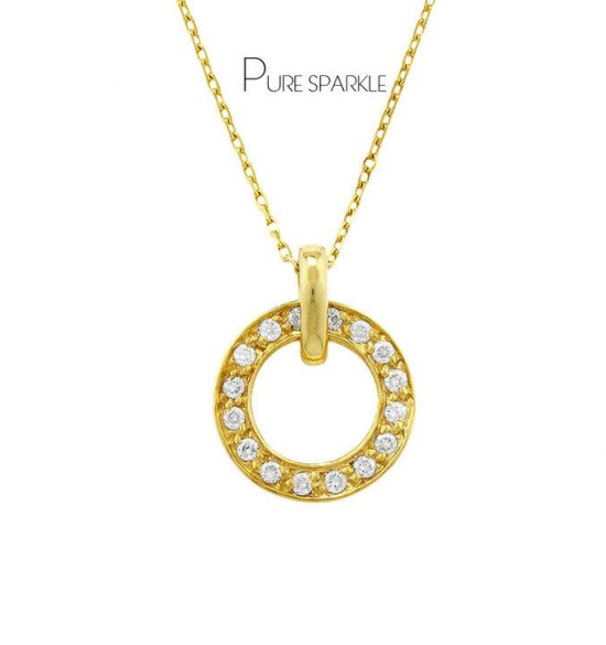 14K Gold 0.15 Ct. Diamond Round Open Circle Pendant Necklace Fine Jewelry