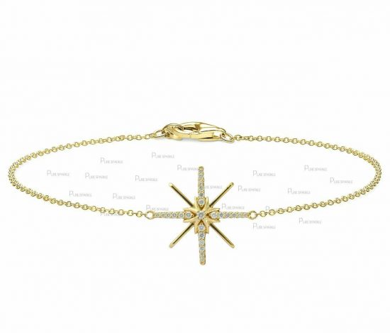 14K Gold 0.15 Ct. Diamond Starburst Charm Bracelet Christmas Gift Jewelry