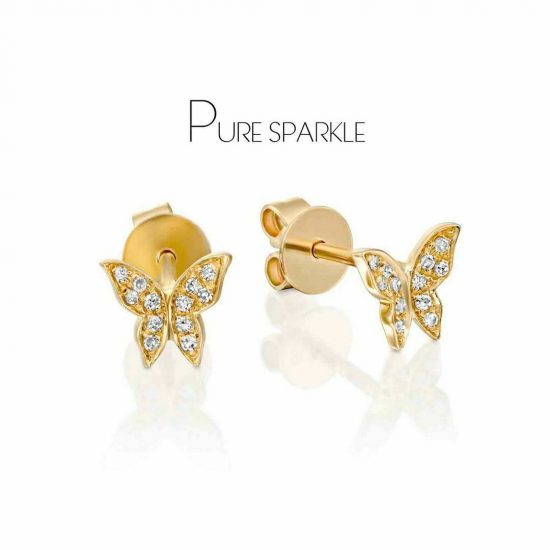 14K Gold 0.15 Ct. Diamond Tiny Butterfly Stud Earrings Fine Jewelry
