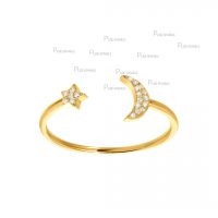 14K Gold 0.15 Ct. Diamonds Crescent Moon And Star Cuff Ring Fine Jewelry