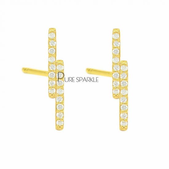 14K Gold 0.16 Ct. Diamond 16 mm Double Bar Earrings Fine Jewelry