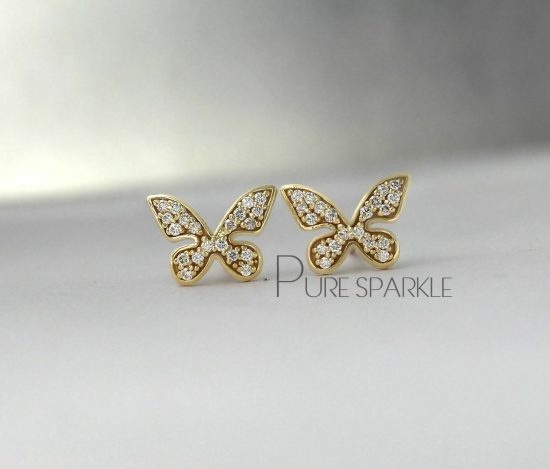 14K Gold 0.16 Ct. Diamond Butterfly Earrings Handmade Fine Jewelry