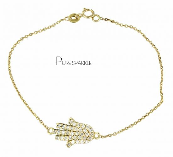 14K Gold 0.16 Ct. Diamond Hamsa Hand Chain Bracelet Fine Jewelry