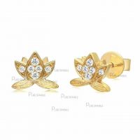 14K Gold 0.16 Ct. Diamond Lotus Flower Mini Studs Earrings Fine Jewelry