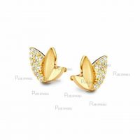 14K Gold 0.16 Ct. Diamond Lotus Flower Tiny Studs Earrings Fine Jewelry