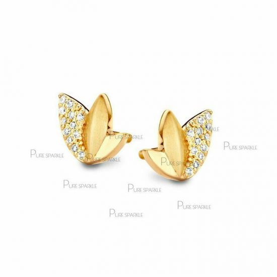 14K Gold 0.16 Ct. Diamond Lotus Flower Tiny Studs Earrings Fine Jewelry