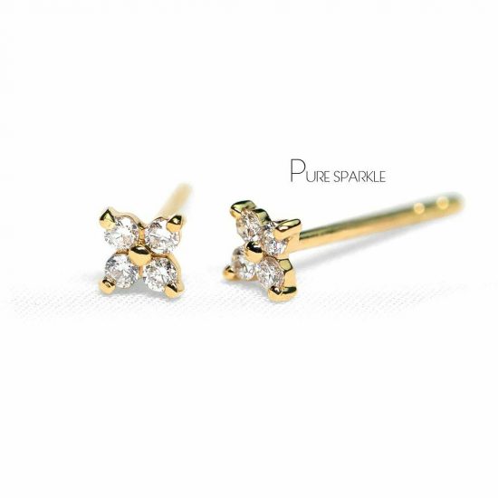 14K Gold 0.16 Ct. Diamond Tiny Floral Studs Earrings Fine Jewelry