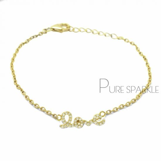 14K Gold 0.17 Ct. Diamond Love Chain Bracelet Wedding Gift Fine Jewelry