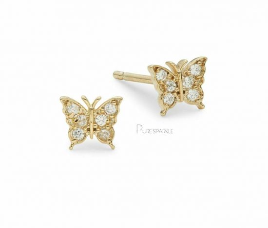 14K Gold 0.18 Ct. Diamond Butterfly Studs Earrings Fine Jewelry