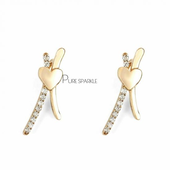 14K Gold 0.18 Ct. Diamond Heart & Bar Ear Climber Earrings Fine Jewelry