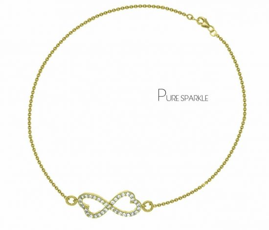 14K Gold 0.18 Ct. Diamond Heart Shape Infinity Knot Charm Bracelet Fine Jewelry