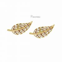 14K Gold 0.18 Ct. Diamond Leaf Design Earring Christmas Fine Jewelry